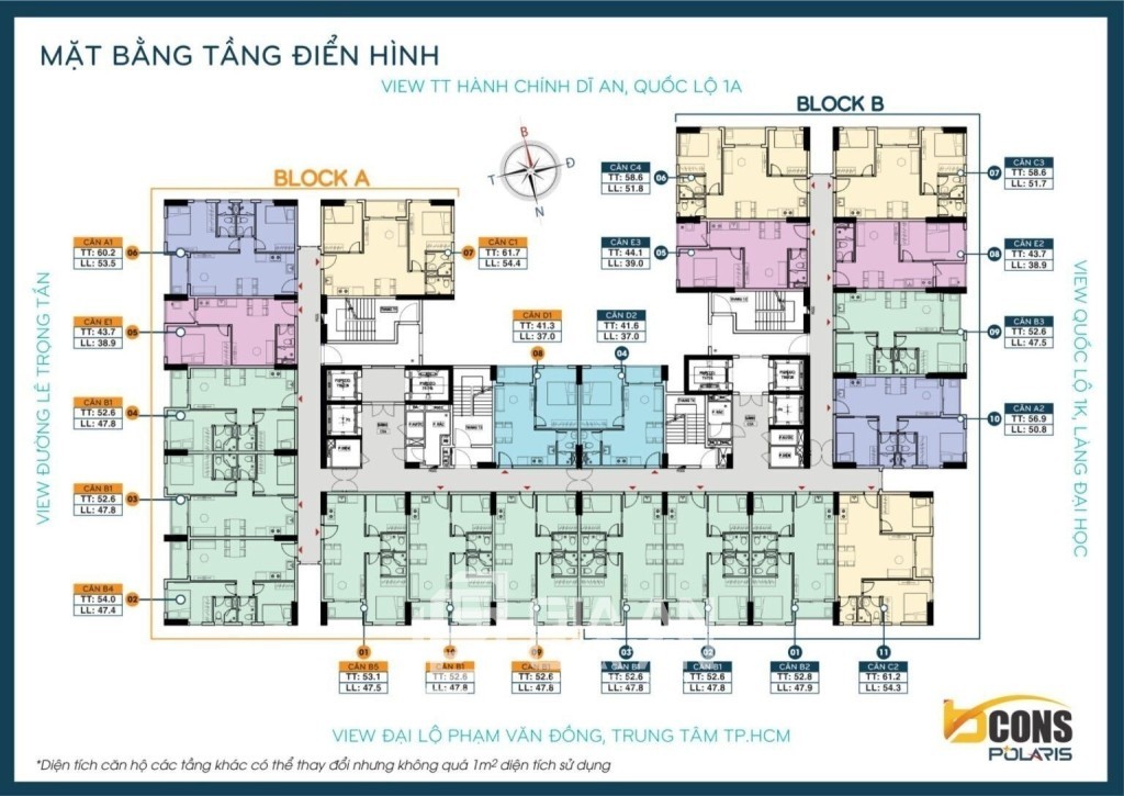 Bcons Polaris có các diện tích thiết kế đa dạng từ 43 – 53 – 54-56 – 58 – 60 – 62m2